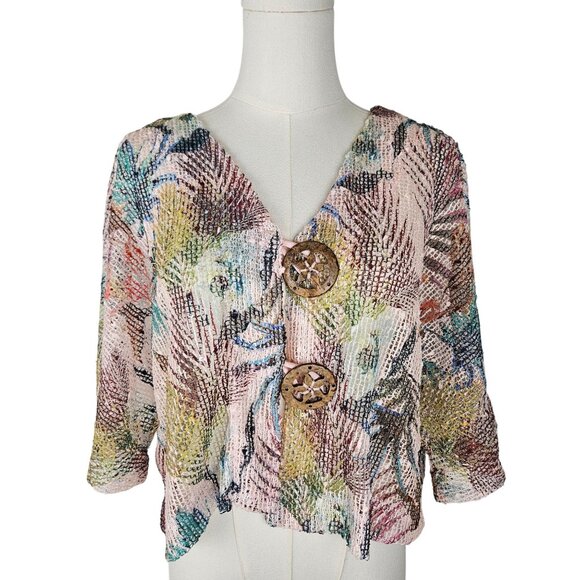 Soft Surroundings Cropped Cardigan Sweater Small Tropical Leaf Mesh-Weave Pink - Picture 1 of 11